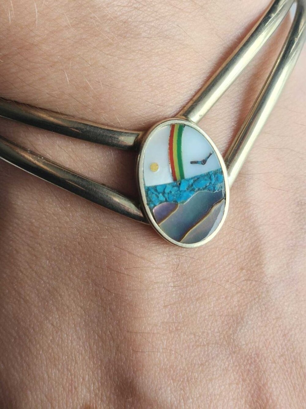 Vintage mosaic landscape inlay silver bracelet from Mexico - Picture 10 of 13